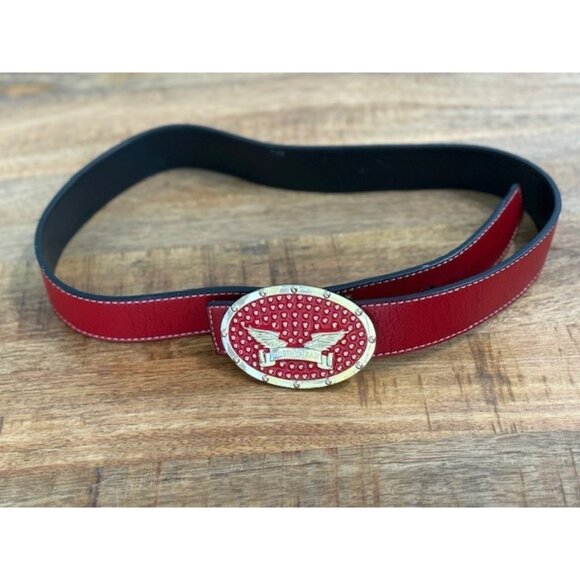 Robins Jean Red Leather Belt Gold Buckle 42 105 Black Reversible SEE Cracks - Picture 8 of 10